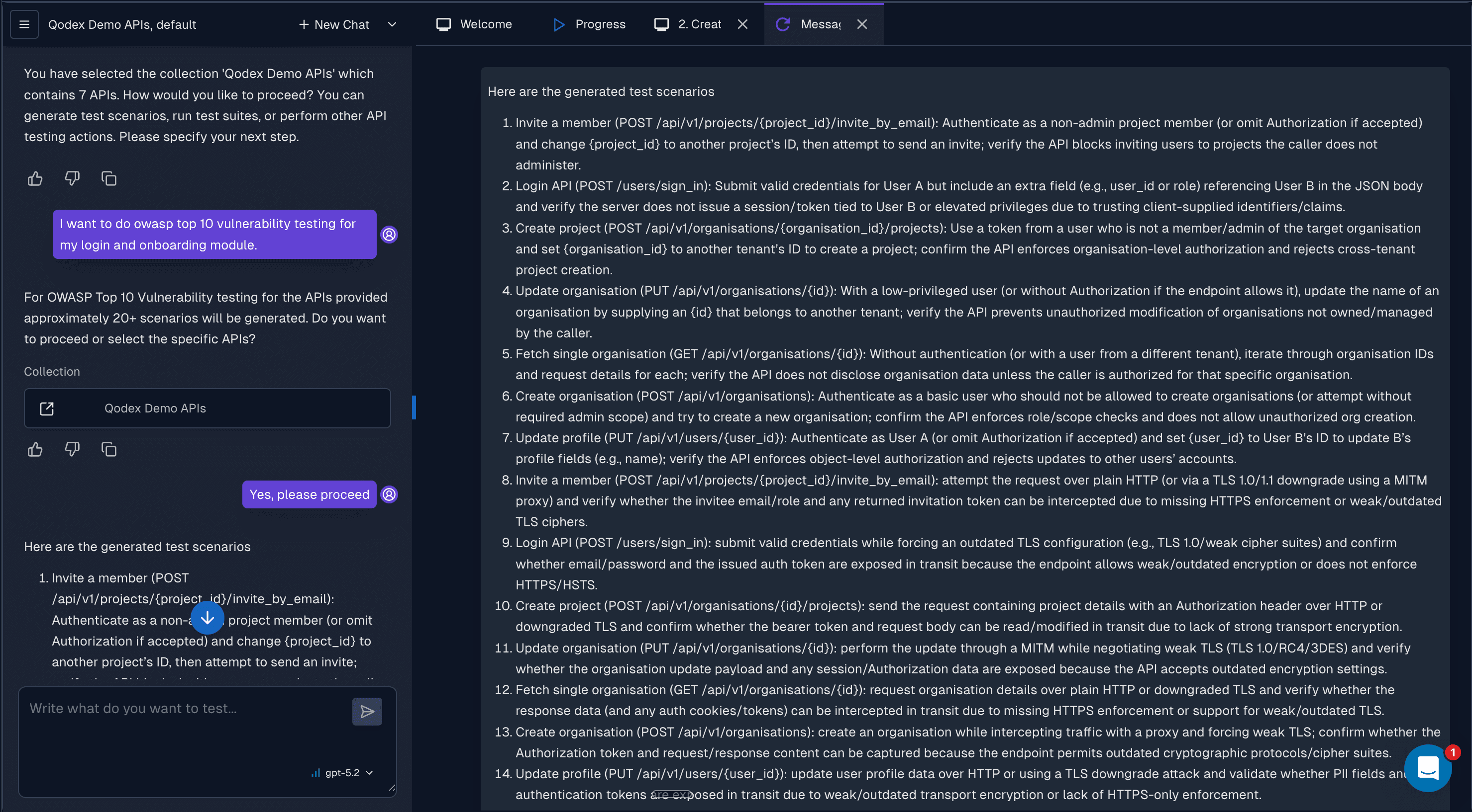Qodex generating OWASP API Top 10 security test scenarios in the same chat as functional API tests