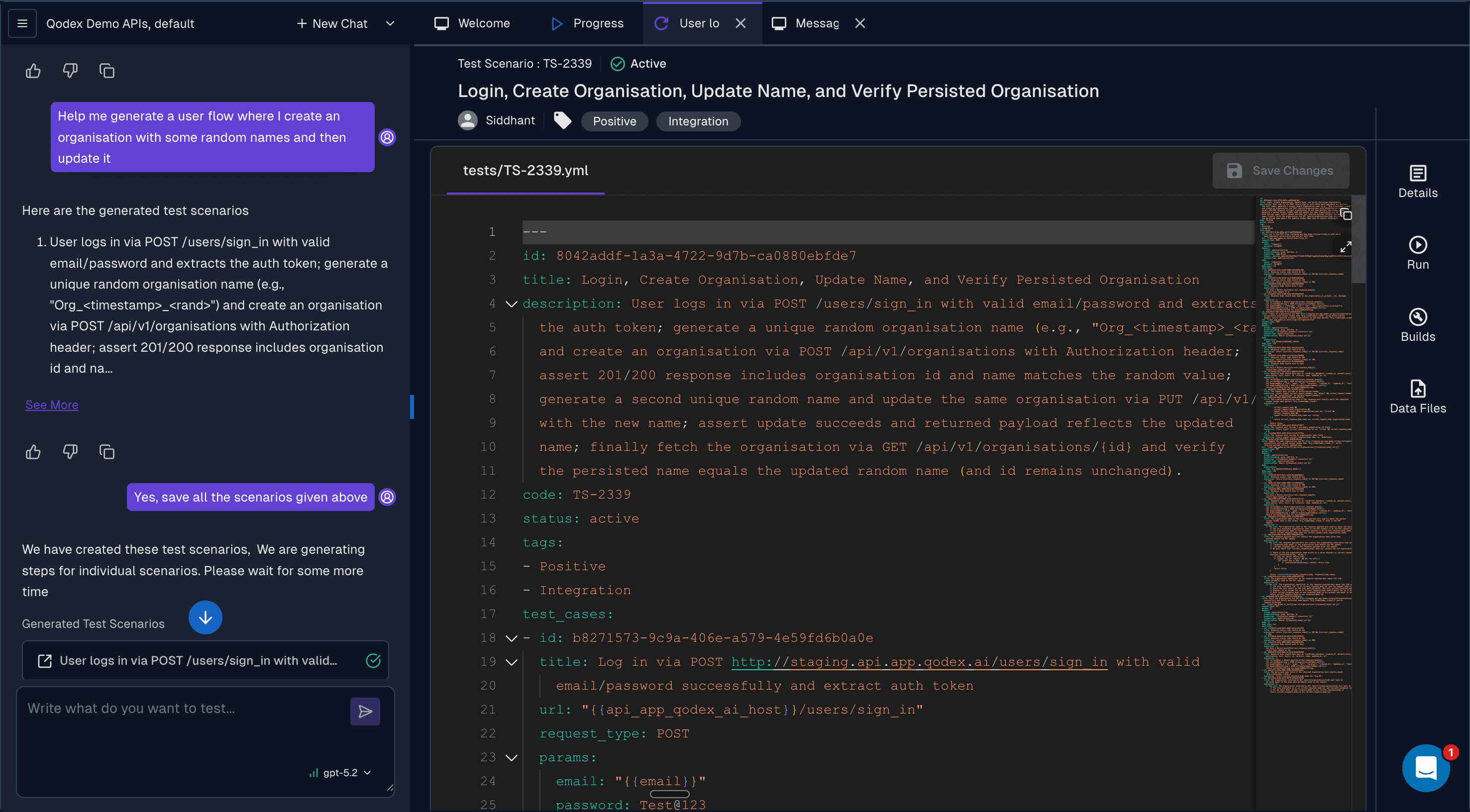 A Qodex-generated API test scenario shown as standard, editable, git-syncable code