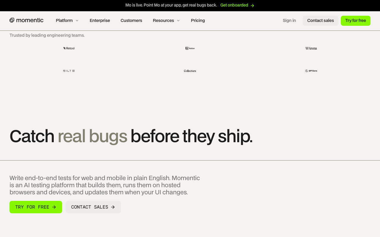 Momentic homepage, captured September 2026