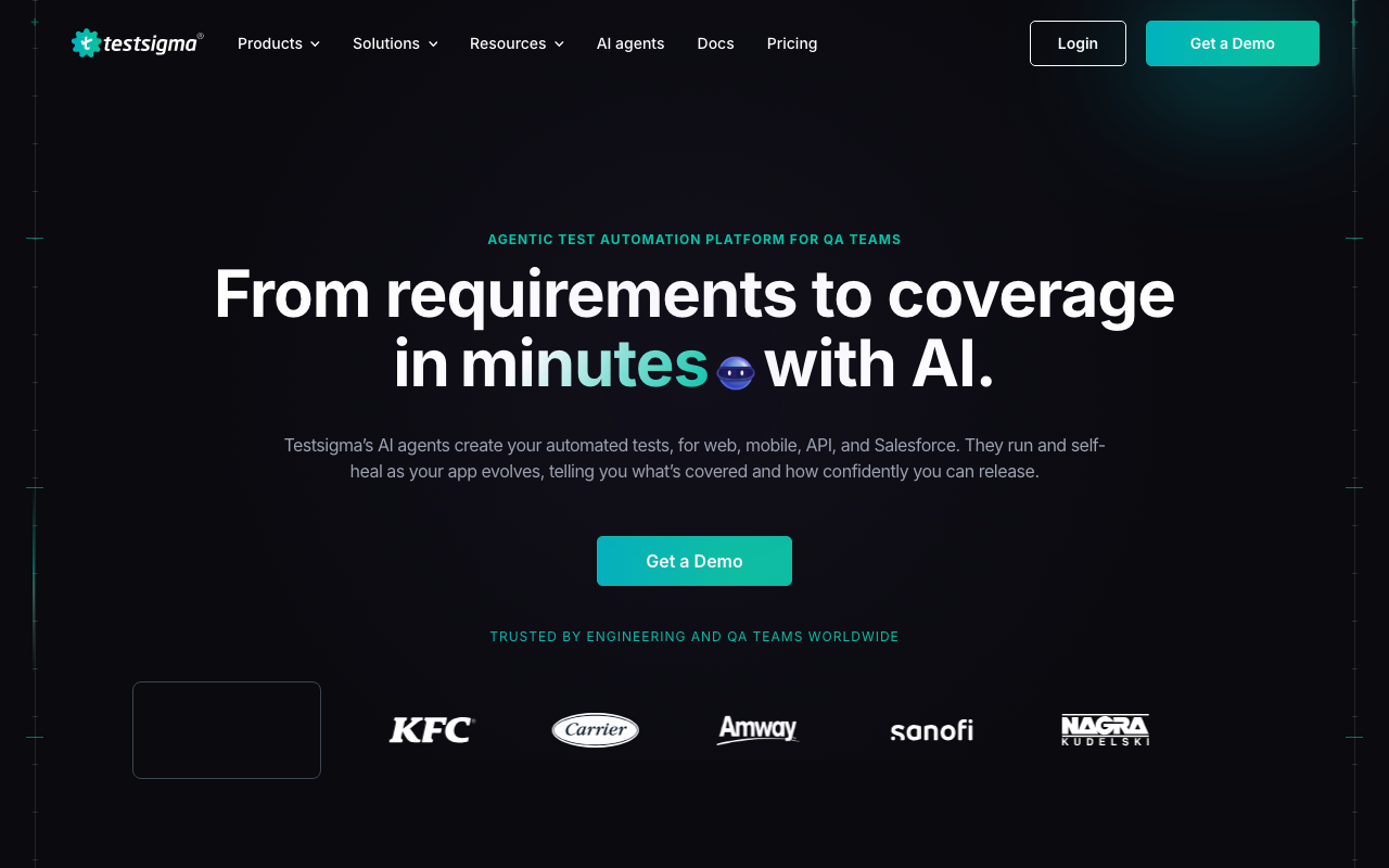 Testsigma homepage, captured September 2026